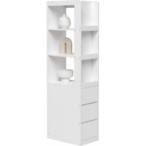 Librería Estrecha con 3 Huecos Abiertos y 3 Cajones, Montaje Reversible, Antivuelco, Blanco, 60×40×200 cm (1/5)