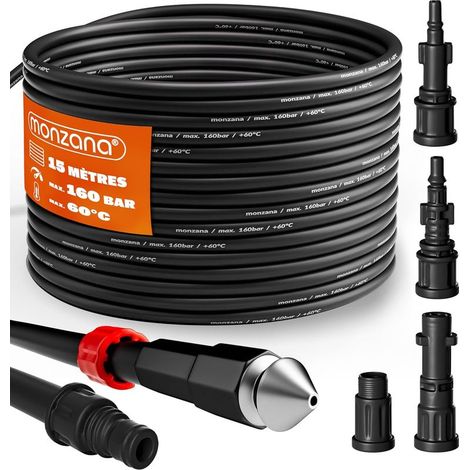 x Rohrreinigungsschlauch – Rohrspirale – 15 m Länge, 160 bar Druck, mit 4 Adaptern zur Rohrreinigung, Schwarz, 15 x 1 cm (1/5)