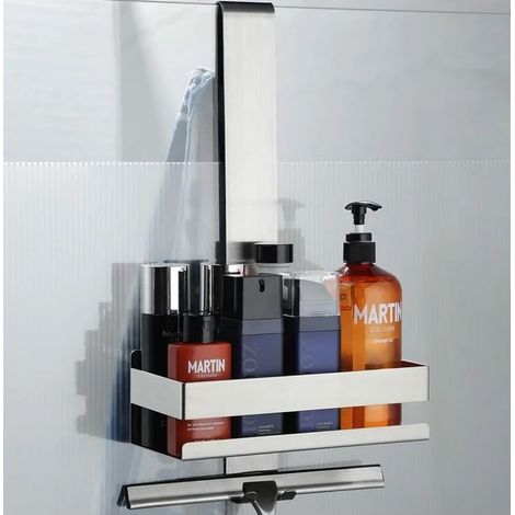 Panier de douche suspendu - Panier de douche en acier inoxydable, paroi de douche suspendue en verre, étagère de douche avec porte-shampoing et crochets pour porte en verre sans cadre (1/5)