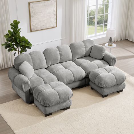 Canapé d'angle 3 places Cloud, comprenant un pouf amovible et 2 petits coussins décoratifs, capitonnage fin, assise épaisse, moelleuse et confortable, montage facile, idéal pour le salon, gris clair (1/4)