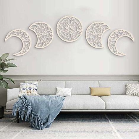 Tigrezy – Tenture murale en bois naturel phases de lune – Lot de 5 pièces – Décoration intérieure style bohème et nordique – Installation facile (1/5)