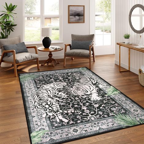 Waschbarer Teppich mit schwarz-weißem Tiger-Blumenmuster, tropischer Vintage-Teppich, dekorativer Teppich für Wohnzimmer, Schlafzimmer, Eingangsbereich, Esszimmer, mit rutschfester gepunkteter Oberflä (1/5)