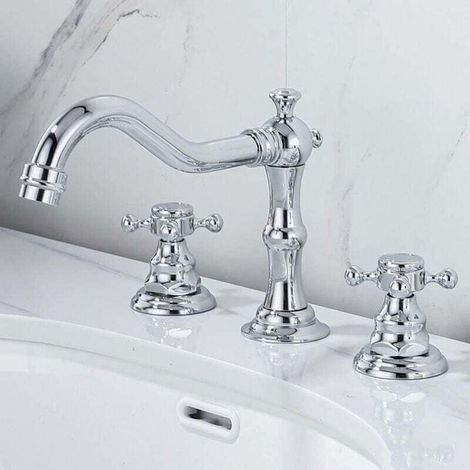 Croix en cuivre chrom moderne robinet robinet argent croix 3 trous 360 rotatif lavabo lavabo eau vier robinets robinet mitigeur en cramique avec robinet G1 / 2 (1/5)