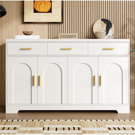 CHICFURN Aparador 140x40x83 cm de MDF blanco, 4 puertas curvas, 3 cajones, salón (1/5)