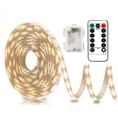 BUNTHAUS LED Ruban Bande Lumineuse à LED, 3M 180 LED Alimentée par Batterie avec Télécommande, 8 Modes, Auto adhésive, étanche pour le Rétro éclairage de la Télévision, la Cuisine, Noël, Blanc Chaud (1/5)