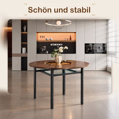 Table à manger ronde minimaliste moderne 100 cm, plateau brun motif bois, verre brun-gris intégré et cadre métallique, pour 2-4 personnes (1/5)