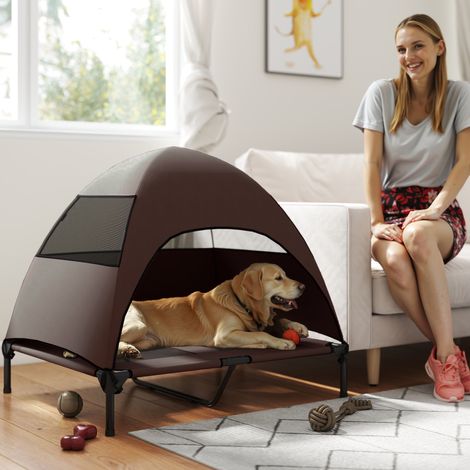 Hundeliege Outdoor mit Dach, Erhöhtes Hundebett für Große Hunde, 91 x 76 x 90 cm, Kaffee