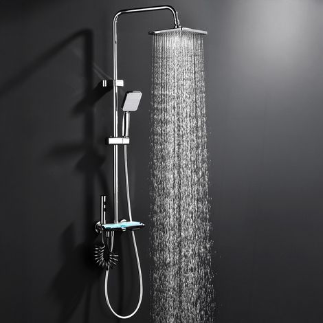 Columna de Ducha Cromada con LED y Pantalla Digital, Conjunto Regulable en Altura de 4 Funciones con Estante de Almacenamiento Integrado, de Latón (1/5)