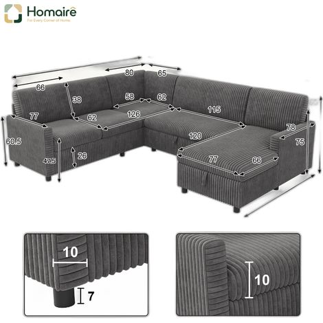 Canapé en velours côtelé gris avec rangement et couchage coulissant 274 x 220 x 85 cm HOMAIRE (1/5)