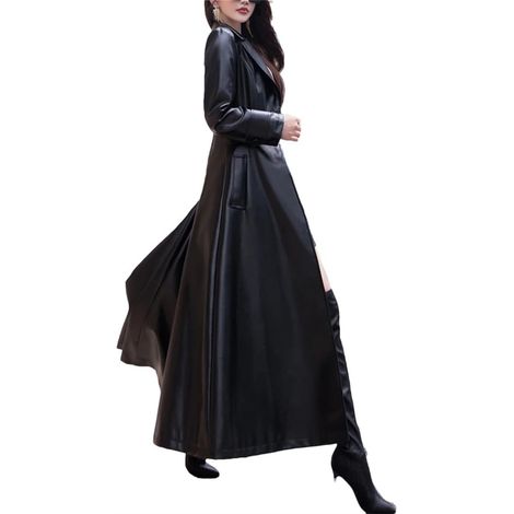 Trench long évasé en cuir pour femme - Manches longues - Revers - Élégant - Avec ceinture - Coupe-vent (1/5)