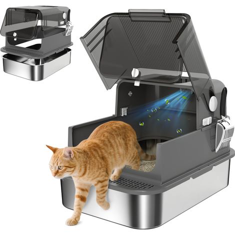 PawHut arenero para gatos de acero inoxidable XXL, tapa abatible, laterales altos, entrada superior, pala, fácil de limpiar, antifugas, negro (1/5)