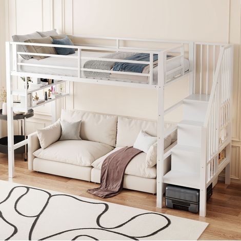 Hochbett 90x200 cm Weiß aus Metall und MDF mit Regalen, Stauraumleiter und Geländer (1/5)