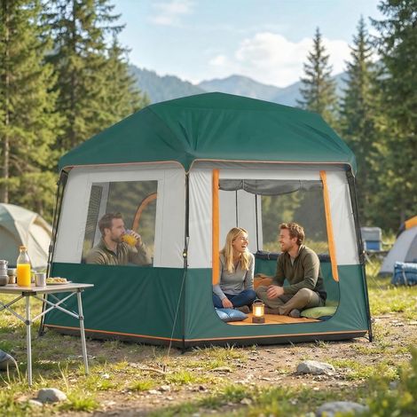 Tente de camping pour 4 à 6 personnes, tente familiale stable et imperméable (3000 mm), avec double-toit amovible, protection UV30+, verte. (1/5)
