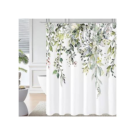 Duschvorhang – 180 x 180 cm – Grüner Eukalyptus – Aquarellfarbene Blätter und Blüten – Polyester – farbig – mit Haken – schimmelresistent – wasserdicht