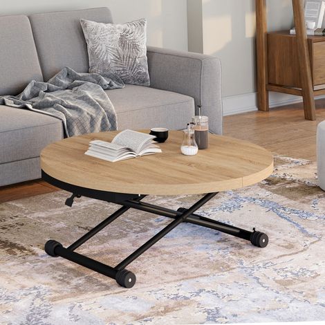 ALTURA Mesa de centro de diseño industrial de madera y negro de 100-150 cm, extensible y convertible en mesa de comedor redonda