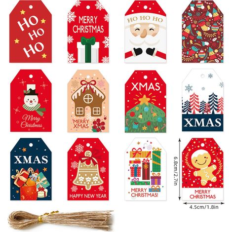 Étiquettes de Noël en papier kraft, 48 pièces avec ficelle de chanvre, décorations arbre et cadeaux (1/2)