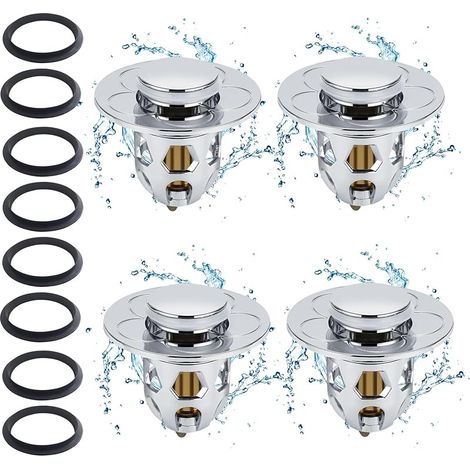 Pop Up Anti-Clogging Basin Plugs, 4 Pack + 8 Universal Sealing Gaskets, Bounce Core, Easy Installation for Kitchen, Bathroom, Tub, Sink (1/5)