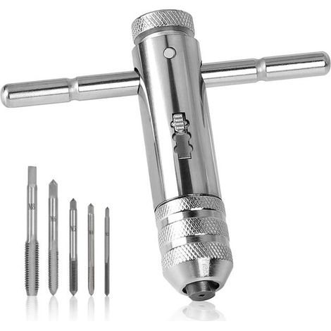 Jeu de tarauds et filières avec poignée en T, rotation à gauche, M3-M8, coffret 5 pièces métal, 20 cm taraud, filière, cliquet, outil à main, outil mécanique (1/5)