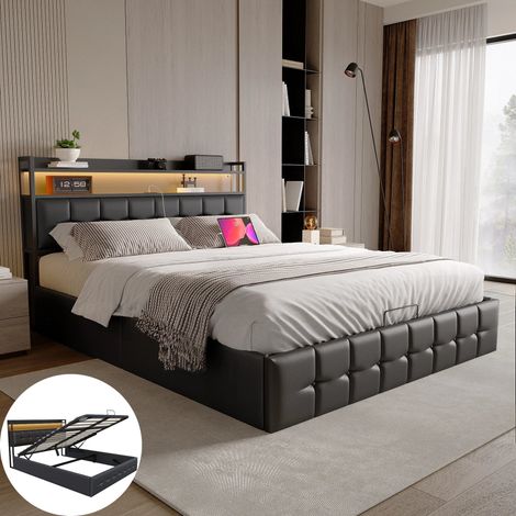 Lit coffre 140x200, Lit 140 x 200 avec sommier, Lit 2 Personnes avec tête de lit Rangement, ports USB, LED, Lit adulte/ado, PU Noir (1/5)