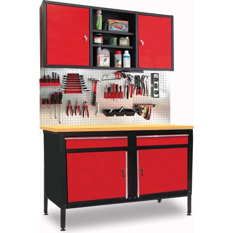 Defpro – Atelier modulable avec établi MDF 120L x 60l cm – Charge 80 kg – Armoire murale 2 portes 60 kg – Panneaux perforés pour outils