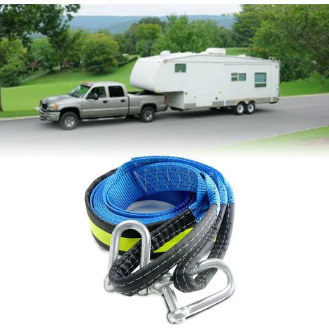 Corde de remorquage auto 5m, résistance 8T, sangle polyester robuste avec crochets, urgence, bandes réfléchissantes bleues, gants inclus (1/5)