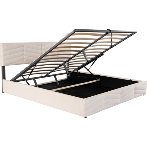 Cama canapé doble de terciopelo beige 160 x 200 cm con cabecero ajustable (1/5)
