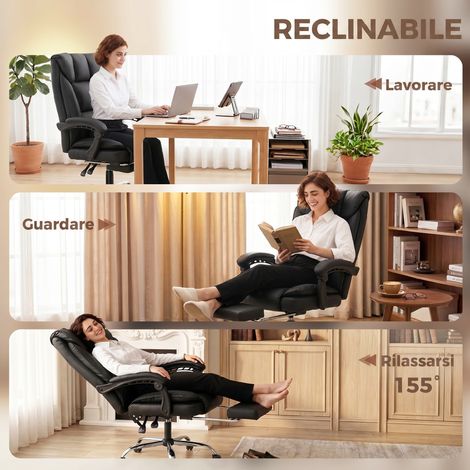 Fauteuil de bureau inclinable à 155° avec repose-pieds, double rembourrage, revêtement en similicuir, noir. (1/5)