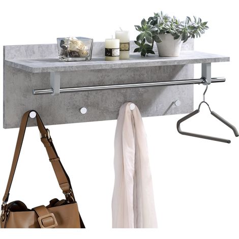 Idimex – Porte-manteaux mural en panneaux de particules décor béton – Patères en métal chromé – Charge max 5 kg – Dimensions 75 x 24 cm (1/3)