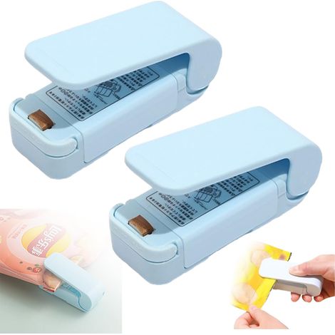 Portable Mini Sealer — 2-in-1 Sealer & Cutter — Handheld Heat Vacuum Sealer — For Food Storage & Snack Preservation (Blue, 2-Pack) (1/5)