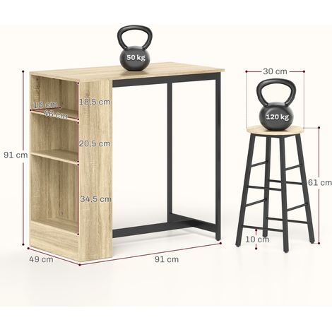 Table de bar avec tabourets, ensemble 3 pièces, table haute avec rangement, 2 sièges, repose-pieds, style moderne, gain de place pour salle à manger, cuisine, acier et chêne (1/5)