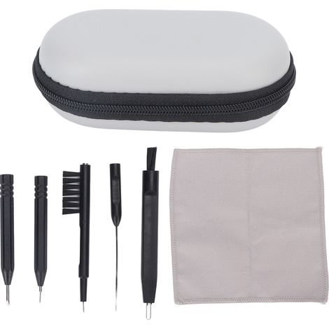 Kit d'entretien pour aides auditives : petite brosse, aiguilles de nettoyage, chiffon, écouteurs et accessoires de soin. (1/5)