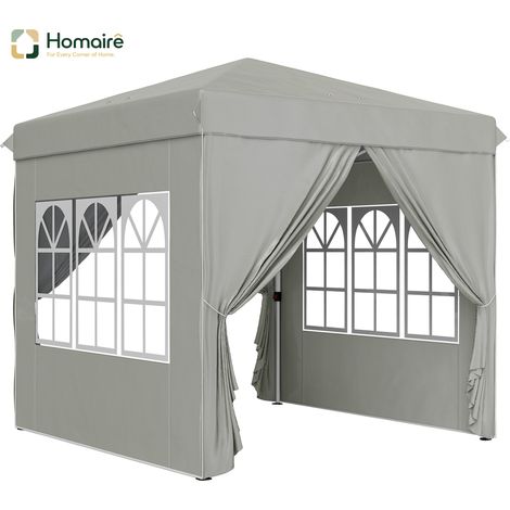HOMAIRE Pavillon pop-up 2,5x2,5m hellgrau, stabil, winterfest, wasserabweisend, UV-Schutz 50+, faltbar avec 4 parties latérales et sac pour camping et jardin