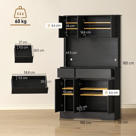 Buffet de cuisine avec plan de travail, 6 portes, armoire haute de rangement avec étagères, noir (1/5)
