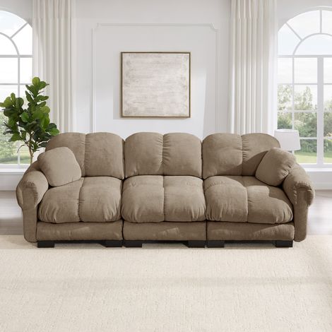 Canapé 3 places 260 cm en chenille marron avec assises matelassées et 2 coussins décoratifs (1/5)