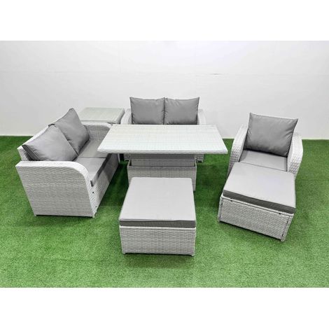 Fimous High Back Poly Rattan Garden Furniture Set with Reclining Chair Loveseat Sofa Adjustable Lifting Dining or Coffee Table Indoor Outdoor Patio Set 2 Big Stool Side Table Light Grey (1/5)