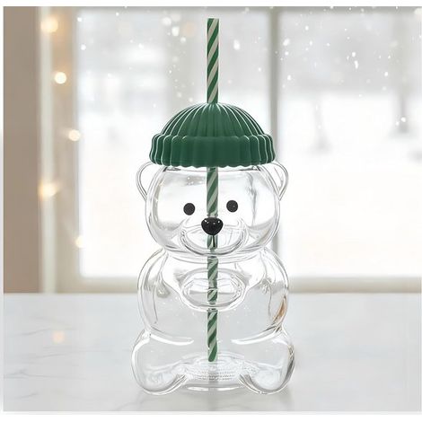 Bouteille d'eau avec paille – 600 ml – Acier inoxydable et verre – Motif ours – Avec couvercle et paille – Pour café glacé, bubble tea, smoothies et cocktails (1/5)