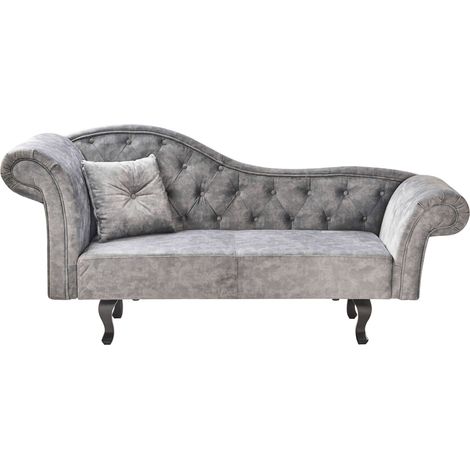 Chaise Longue à Gauche Rétro en Velours Capitonné avec Coussin Décoratif Gris Lattes II