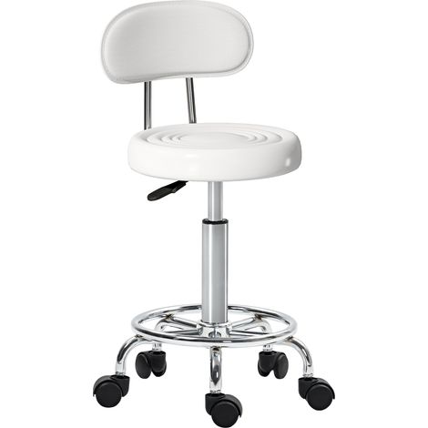 Tabouret pivotant avec dossier et roulettes, chaise réglable pour salon de beauté, studio de tatouage, 32 x 40 x 70-86 cm, blanc (1/4)