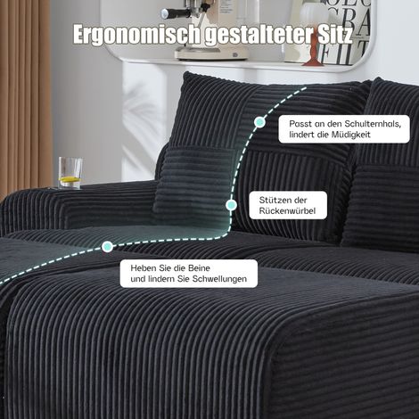 Modulares 2-Sitzer-Sofa 200 x 174 x 80 cm Cord schwarz mit 2 Hockern – MEUBLIV (1/5)