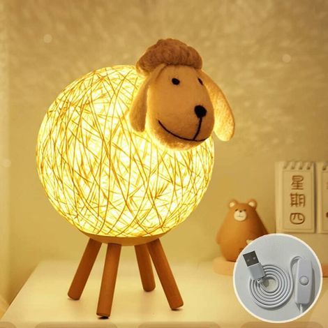 Veilleuse LED petit, Mouton Lampe de Chevet en Rotin, Veilleuse Enfant Projecteur, Lampe Nuit LED pour Chambre, Chambre Bébé, Salon, Cadeau, Interrupteur Poussoir [Classe énergétique A++] (1/4)