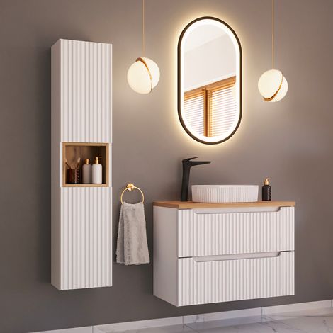 Ensemble meuble simple vasque 80cm 2 tiroirs et colonne Riva Blanc et Bois (1/5)