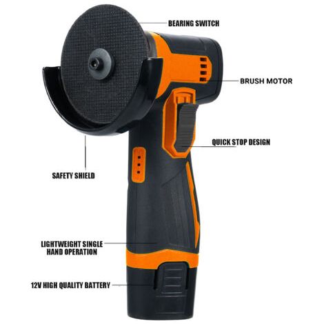 QORVA- Kit meuleuse d'angle sans fil 12 V, disque de meulage 76 mm, avec 2 batteries lithium-ion 1 300 mAh et chargeur, position ergonomique des boutons, 6 pièces de coupe
