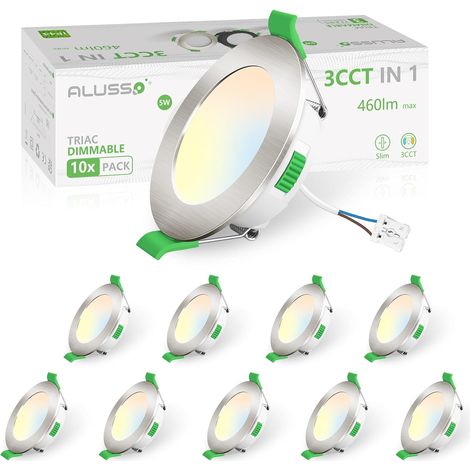 Spot LED Encastrable Extra Plat, 5W 440LM Dimmable IP44 LED Spot Etanche Salle de bain, 3CCT Blanc Chaud 3000K Blanc Neutre 4000K Blanc Froid 6500K, Trou Φ68-78mm, Lot de 10