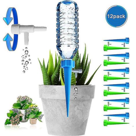 Kit d'arrosage automatique pour plantes (12 pièces), piquets d'irrigation avec valve à libération lente, goutteur pour pots, jardin et intérieur, réglage du débit (1/4)