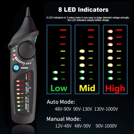 Rilevatore di tensione senza contatto AVD06 Tester di tensione AC NCV 12-1000 V Modalità automatica e manuale Sensibilità regolabile con indicatore LED colorato e torcia (1/4)