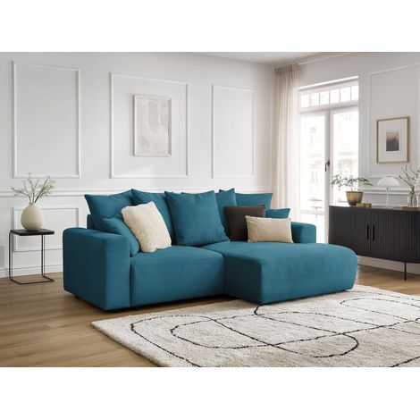BOBOCHIC - Canapé d'angle convertible coffre ATILLA velours côtelé Angle droit Bleu clair (1/5)