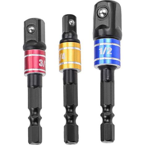 Juego de 3 adaptadores para vasos de impacto – Vástago hexagonal 6,35 mm – Tamaños 6,35, 9,5 y 12,7 mm – Convierte taladro en destornillador de impacto (1/5)