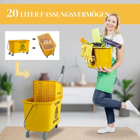 Chariot de ménage 20 L avec presse et balai, seau équipé d’une serpillière et d’un rouleau