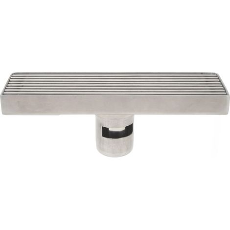 Caniveau de douche linéaire avec grille, 20 cm de long, 5,5 cm de large. Socle rectangulaire en acier inoxydable pour tuyau de 50 mm (2 pouces). Système anti-odeurs intégré. (1/5)