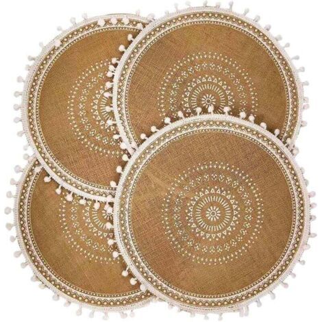 Bardusch-Set de 4 Sets Table Ronds, Tapis en Tissé Boho avec Pompon pour DéCor Cuisine Salle à Manger (Boule Blanche) (1/4)